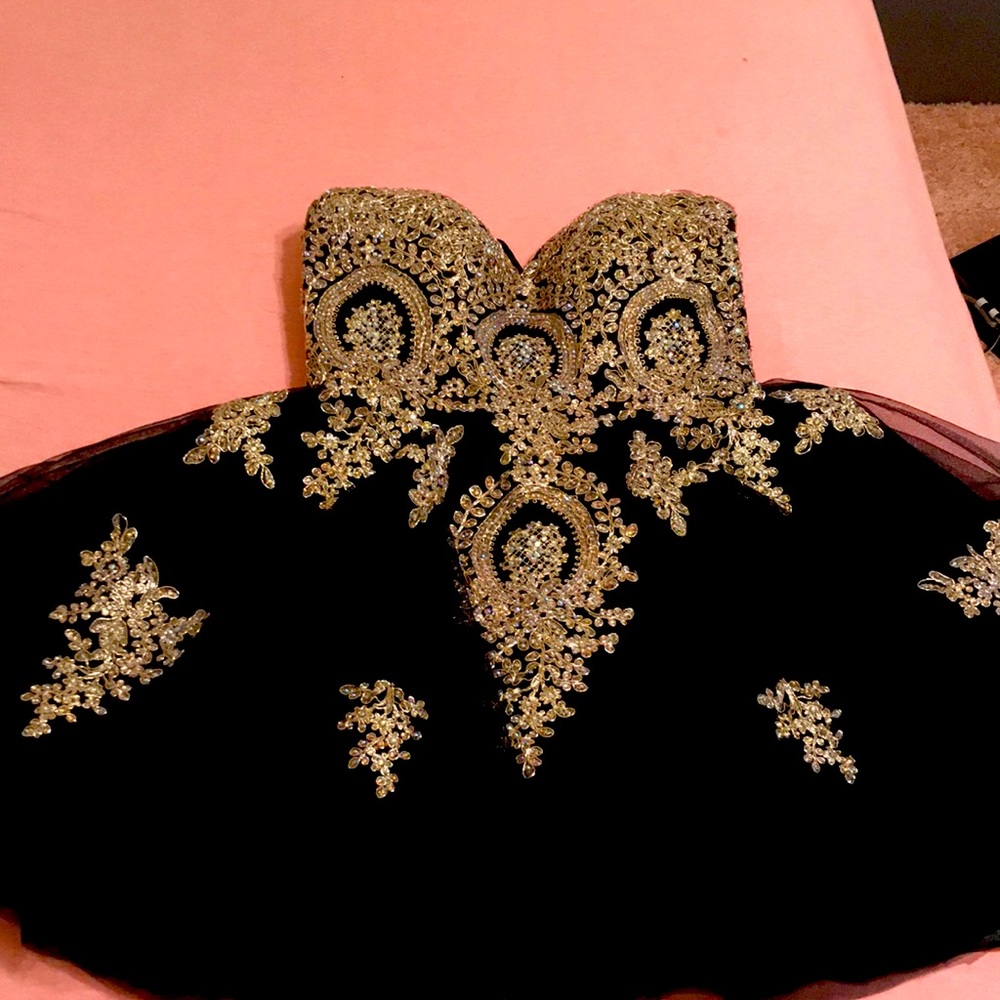 Black and gold formal mini dress